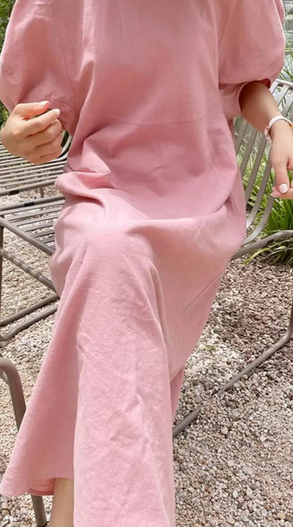 French Vintage Balloon Sleeve Crew Neck Dress Women