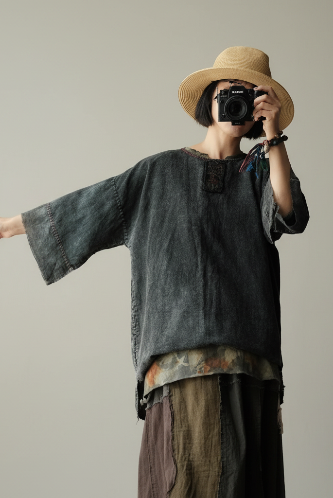 A person wearing a wide-brimmed straw hat, a dark washed short-sleeve top, and a patchwork skirt holds a camera in front of their face against a plain light gray studio background.