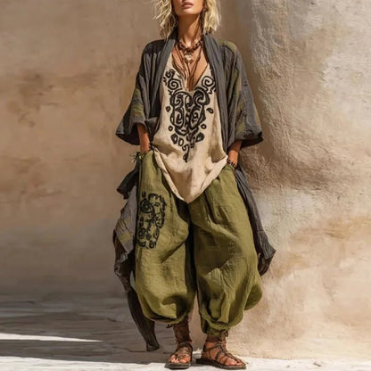 women_fashion - littlescollection3 - piece setBoho Kimono 3 Piece Set Wide Leg Pants Womencasual - outfit