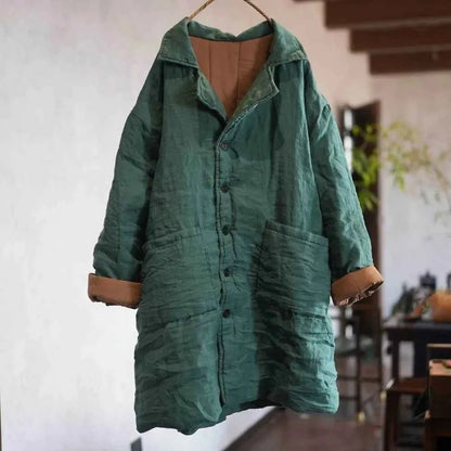 Vintage cotton-lined long parka coat with large pockets, green front – Women