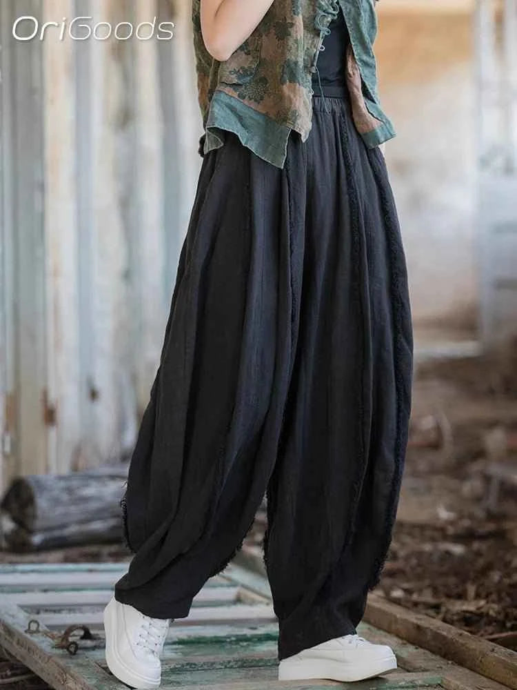 OGDS Women Oversized Baggy Ramie Cotton Novelty Pants