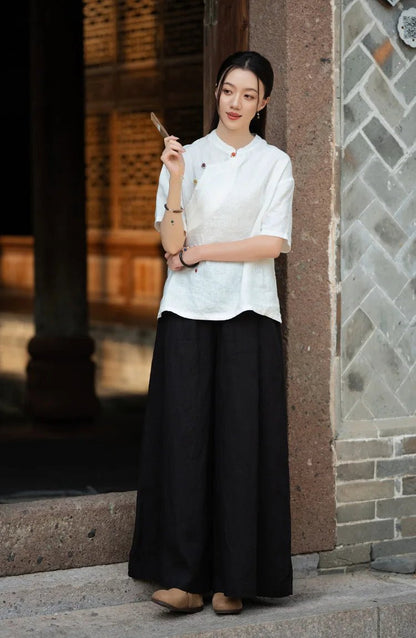 women_fashion - littlescollectionWomen pantsLinen Wide Leg Pants For Summerelastic waist pants