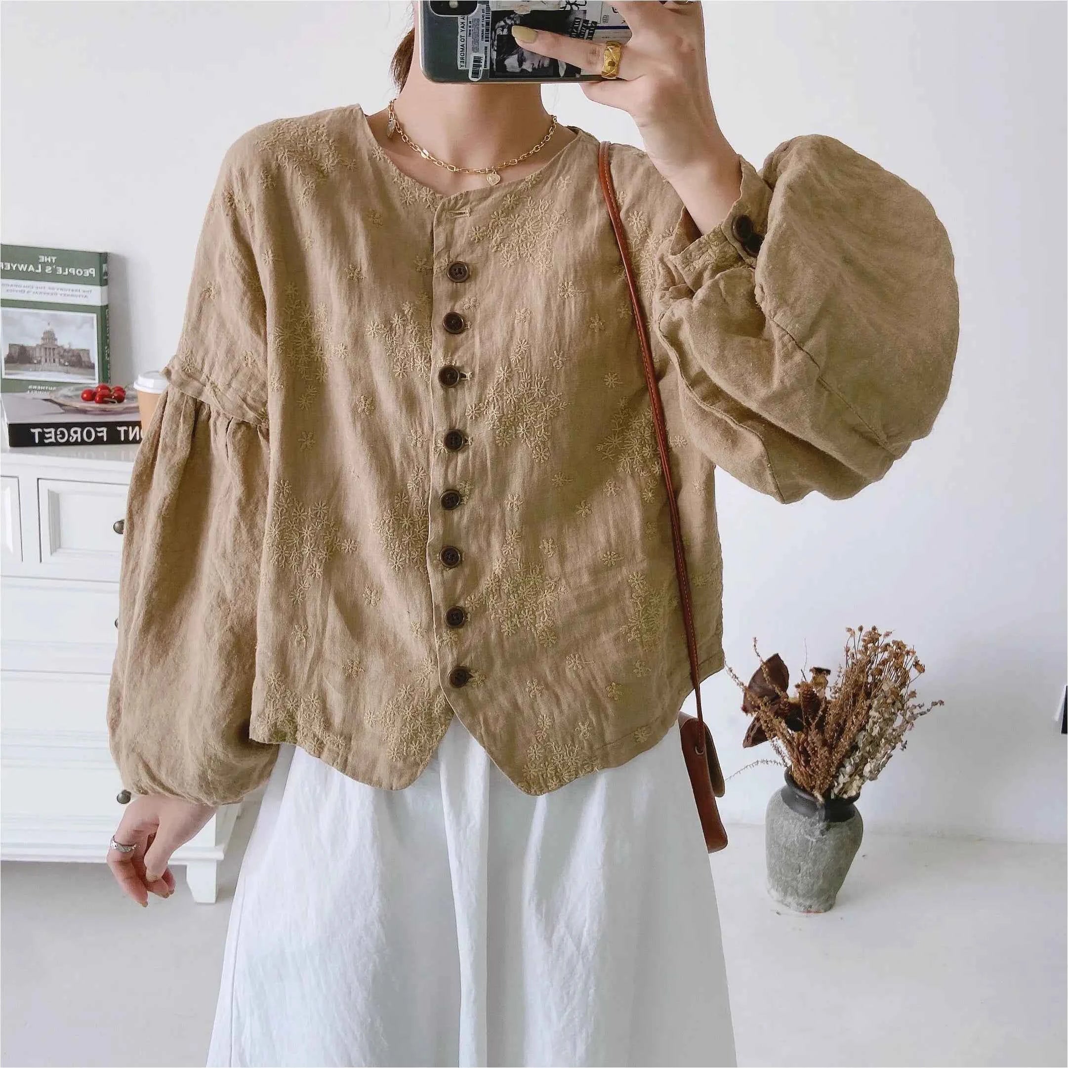 JNT Linen Vintage Women Jackets Lantern Sleeve