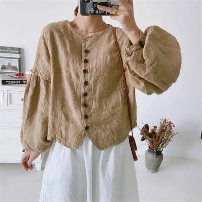 JNT Linen Vintage Women Jackets Lantern Sleeve