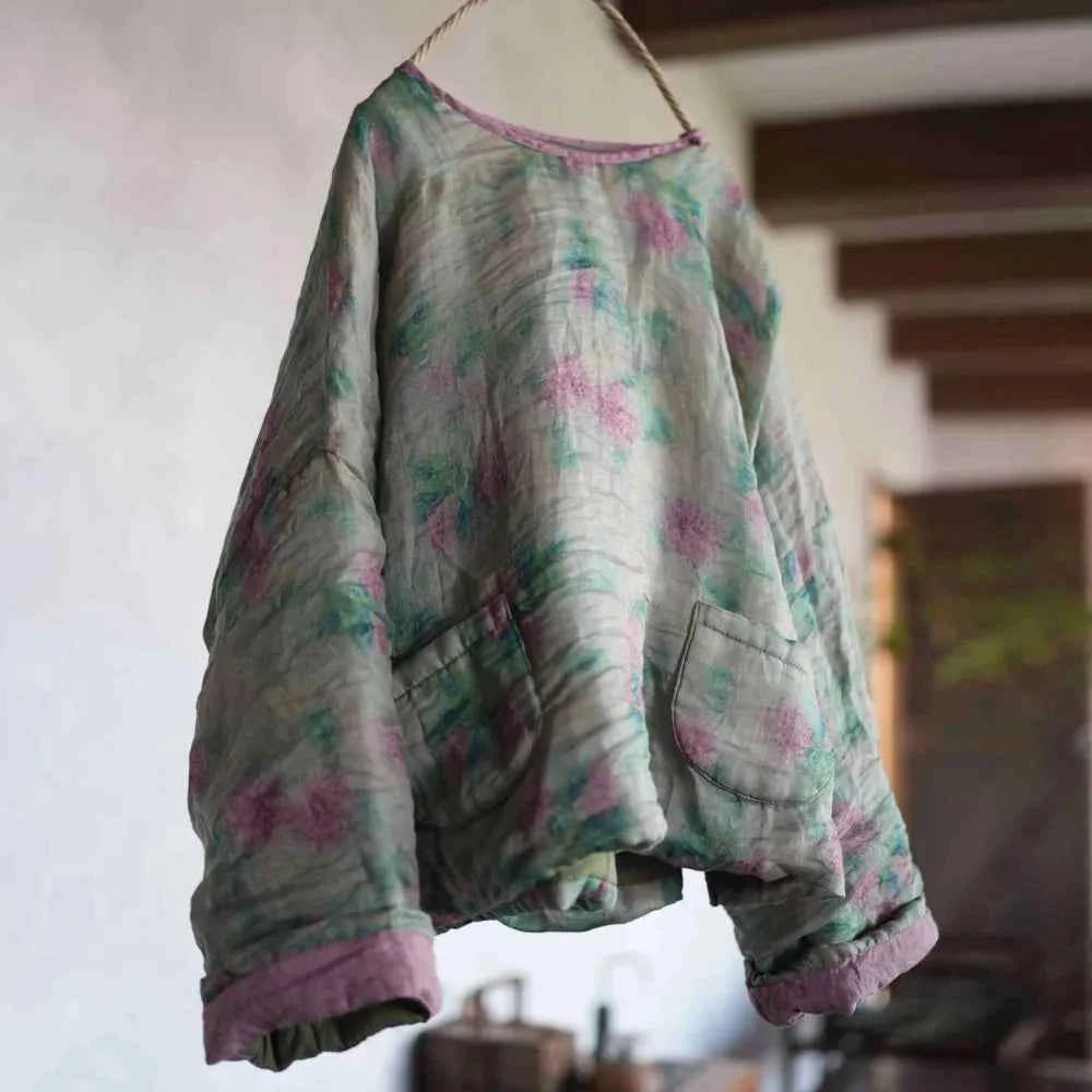 Johnature Women Vintage Pullover Parkas 2026 Spring New O-Neck Long Sleeve Ramie Warm Patchwork Pockets Female Parkas