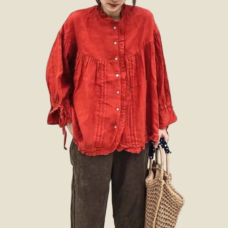 Retro Linen Ear Balloon Sleeve Blouse