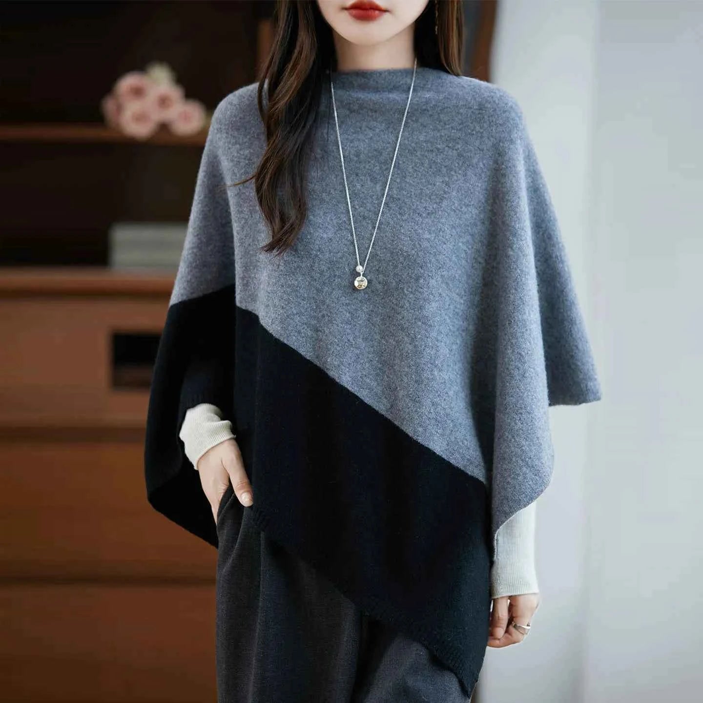 women_fashion - littlescollectionSweaterMerino Wool Cloak Pullover – Seamless Cashmere Shawl in Black, Gray &amp; Beigeoversizer pullovers