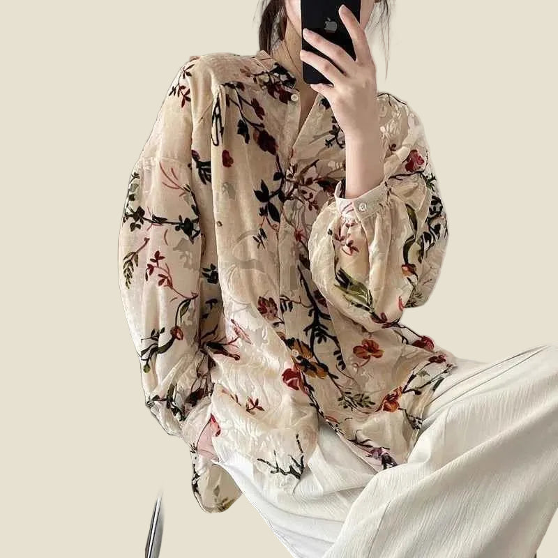 women_fashion - littlescollectionblouseKorean Vintage Court Style Velvet Jacquard Floral Women Blouseslittlescollection