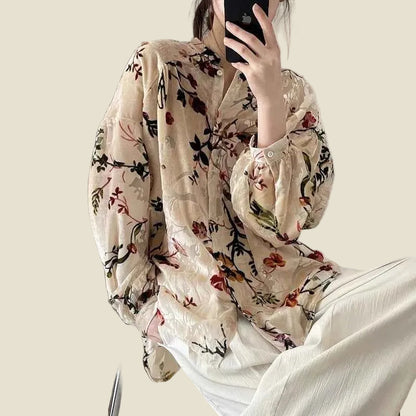 women_fashion - littlescollectionblouseKorean Vintage Court Style Velvet Jacquard Floral Women Blouseslittlescollection