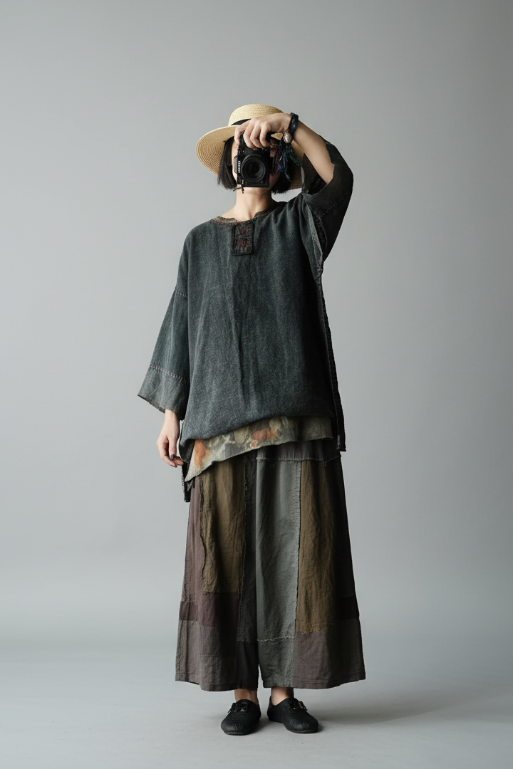 Vintage Embroidery Cotton Linen Tee and Skirt Set Women
