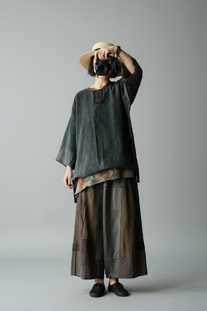 Vintage Embroidery Cotton Linen Tee and Skirt Set Women