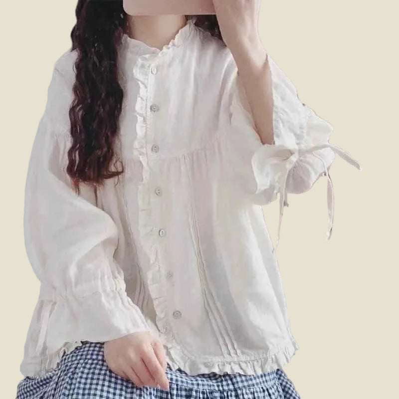 Retro Linen Ear Balloon Sleeve Blouse