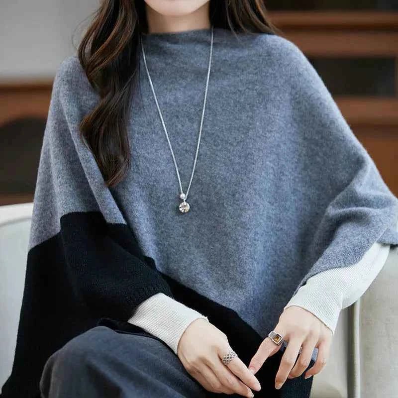 women_fashion - littlescollectionSweaterMerino Wool Cloak Pullover – Seamless Cashmere Shawl in Black, Gray &amp; Beigeoversizer pullovers