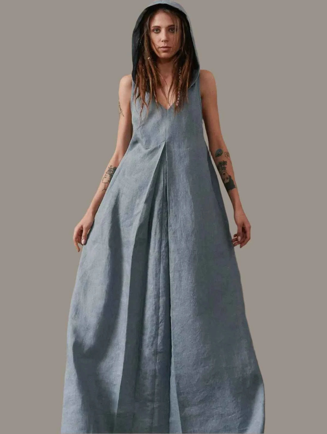 Vintage Linen Pleated Maxi Dress Hooded