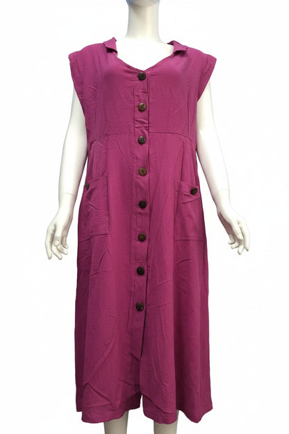 Mannequin wearing a pink dress with buttons against a blue background