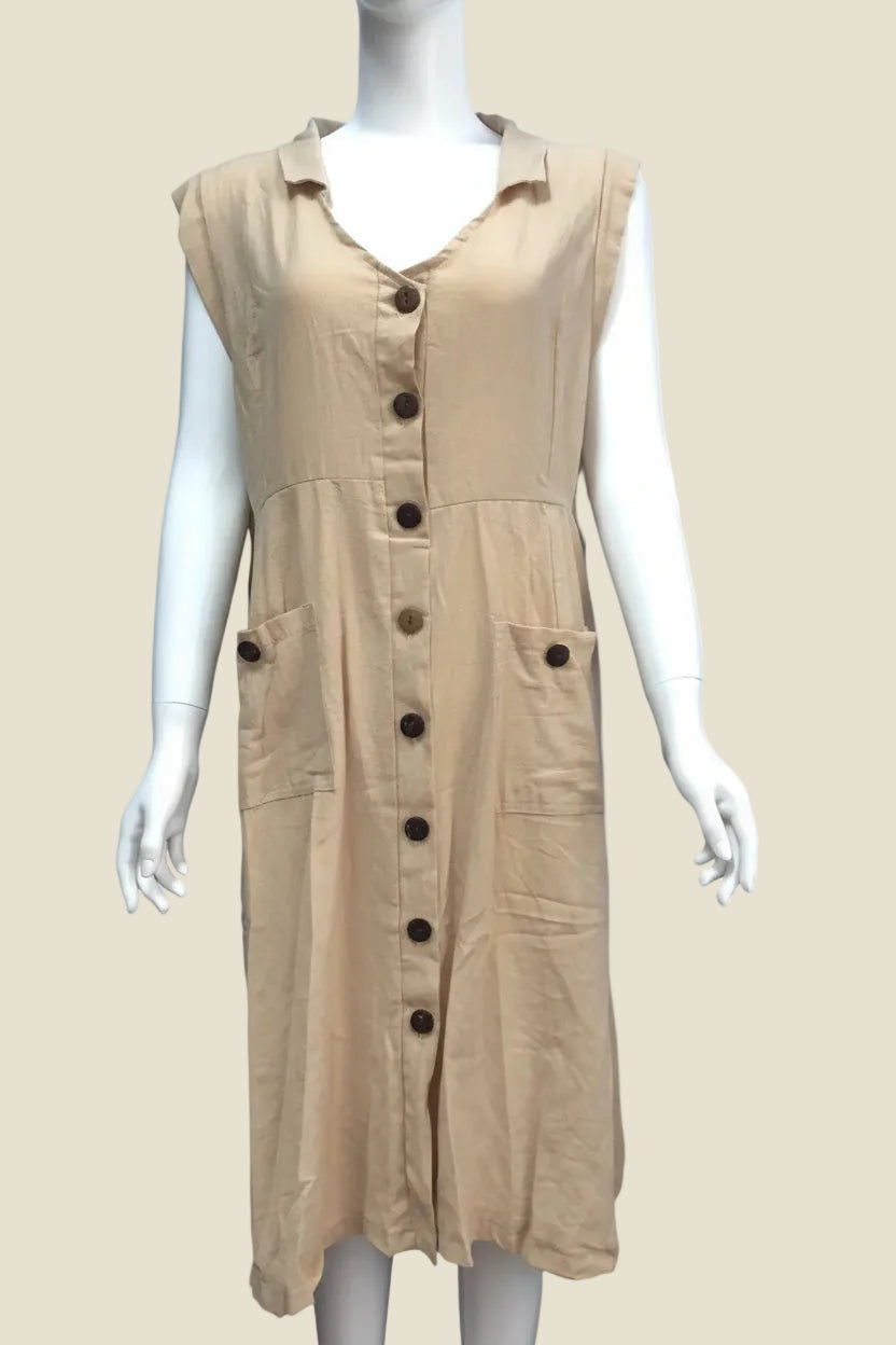 Beige sleeveless dress with buttons on a mannequin against a beige background
