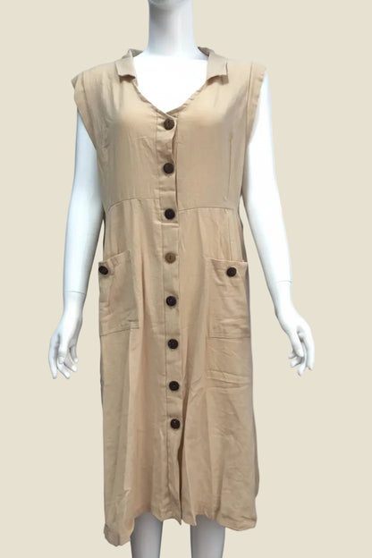 Beige sleeveless dress with buttons on a mannequin against a beige background