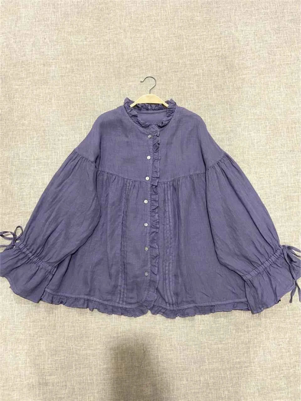 Retro Linen Ear Balloon Sleeve Blouse