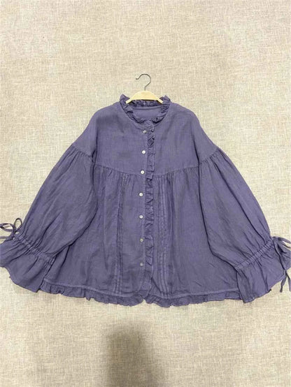 Retro Linen Ear Balloon Sleeve Blouse