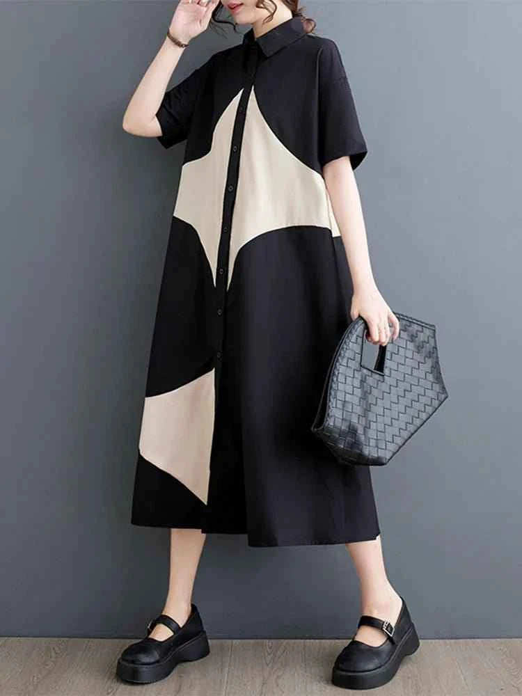 Patchwork Vintage Long Shirt Dresses Women