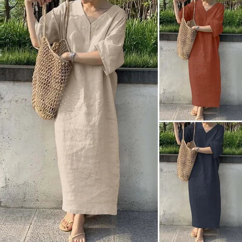 V-Neck Solid Cotton Blend Baggy Maxi Dress Women