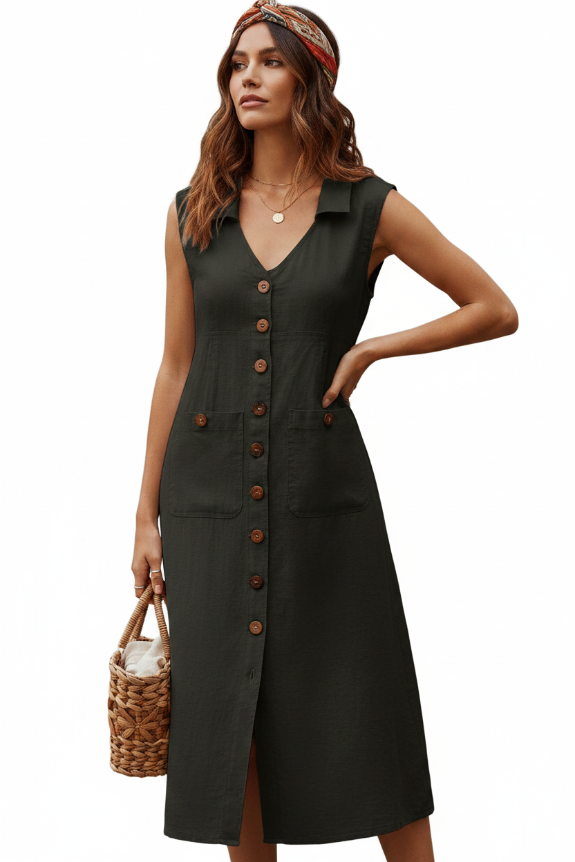 Sienna Vintage Button-Front Midi Dress Women