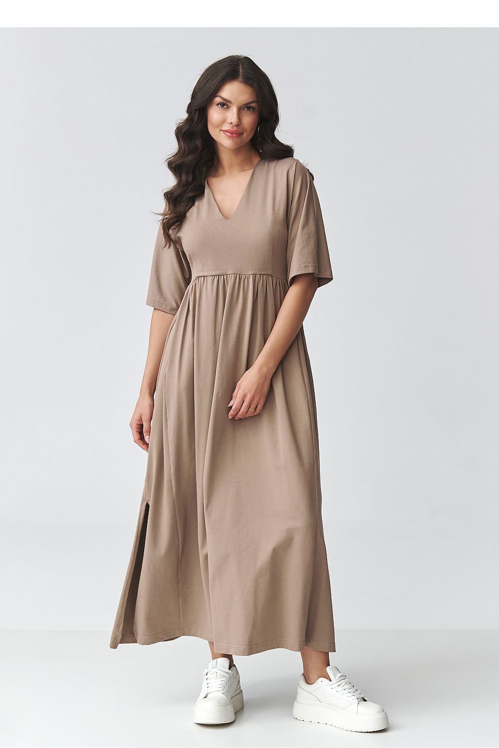women_fashion - littlescollectionDressV - Neck Maxi Daydress | Waistline Cut Cotton Blendmaxi dress