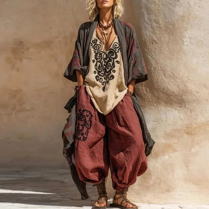 women_fashion - littlescollection3 - piece setBoho Kimono 3 Piece Set Wide Leg Pants Womencasual - outfit