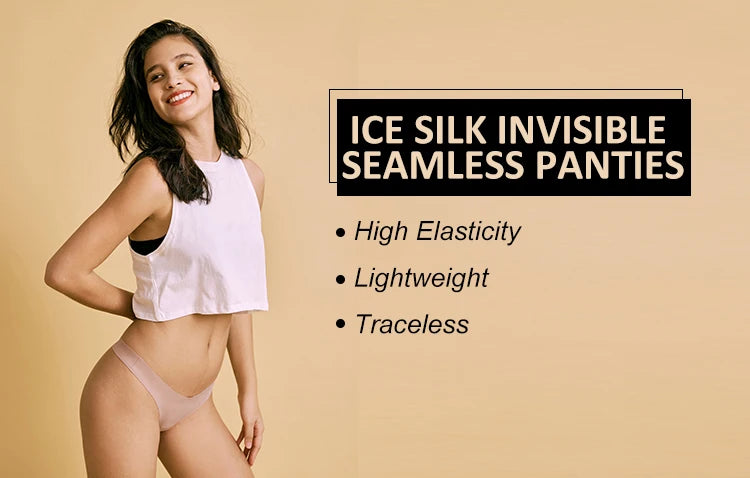Woman wearing ice silk invisible seamless panties with product features listed on a beige background