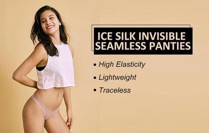Woman wearing ice silk invisible seamless panties with product features listed on a beige background