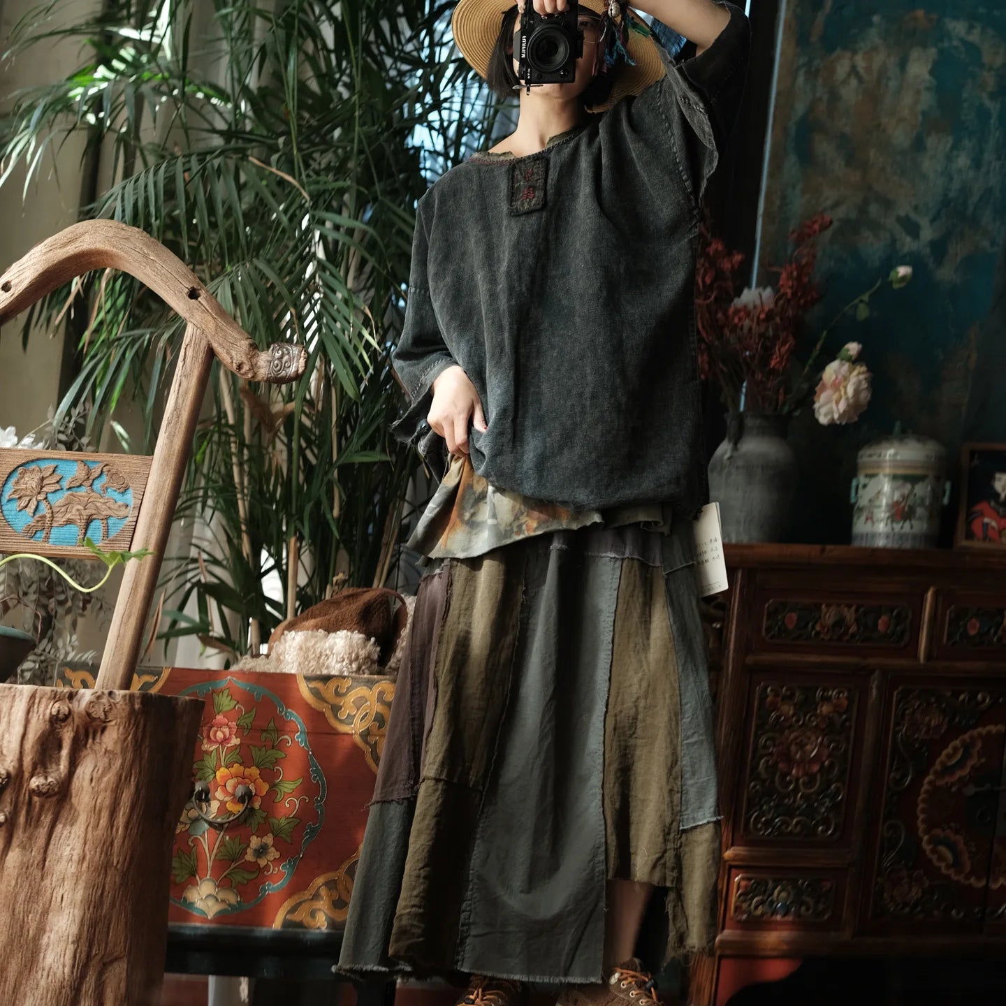 Vintage Embroidery Cotton Linen Tee and Skirt Set Women