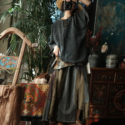Vintage Embroidery Cotton Linen Tee and Skirt Set Women
