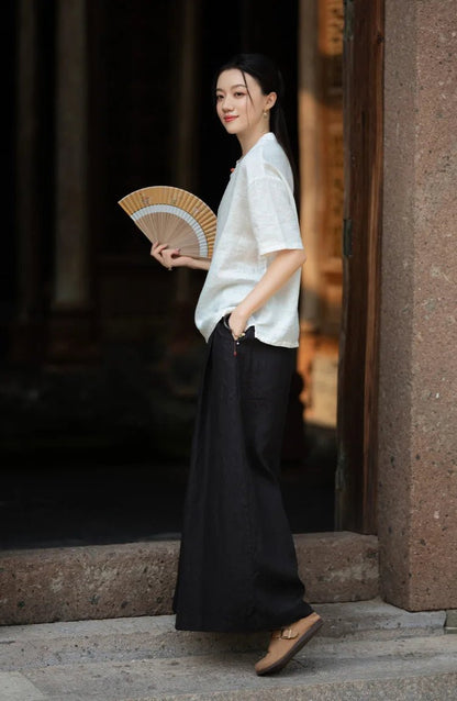 women_fashion - littlescollectionWomen pantsLinen Wide Leg Pants For Summerelastic waist pants