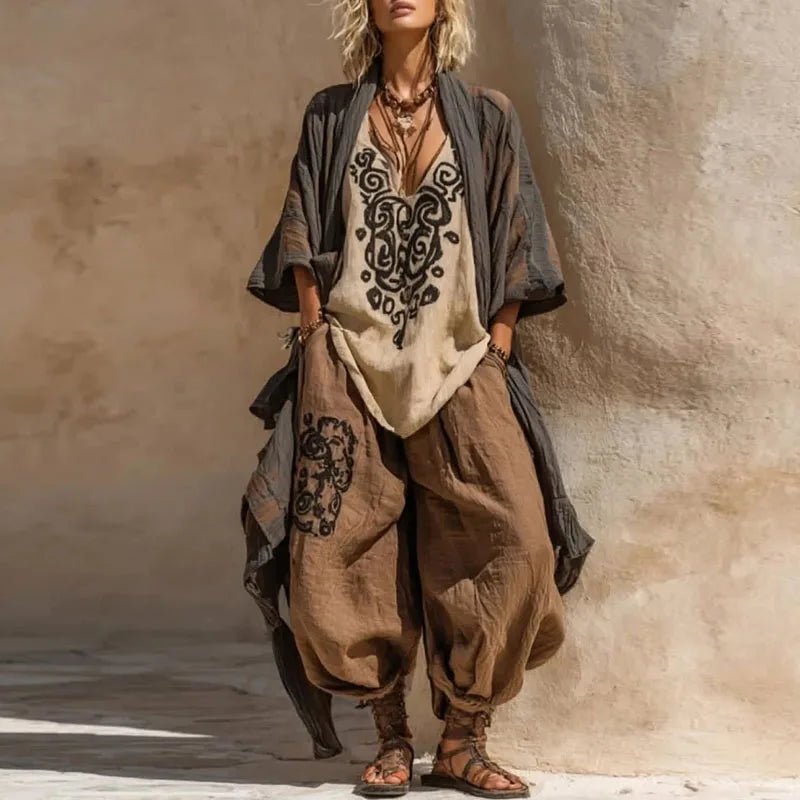 women_fashion - littlescollection3 - piece setBoho Kimono 3 Piece Set Wide Leg Pants Womencasual - outfit