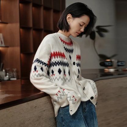 Cashmere V-Neck Fair Isle Cardigan Women