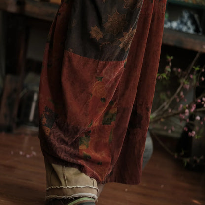Vintage Patchwork Linen Dress Batwing Sleeve V-Neck Women