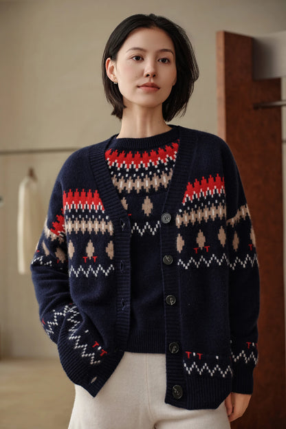 Cashmere V-Neck Fair Isle Cardigan Women