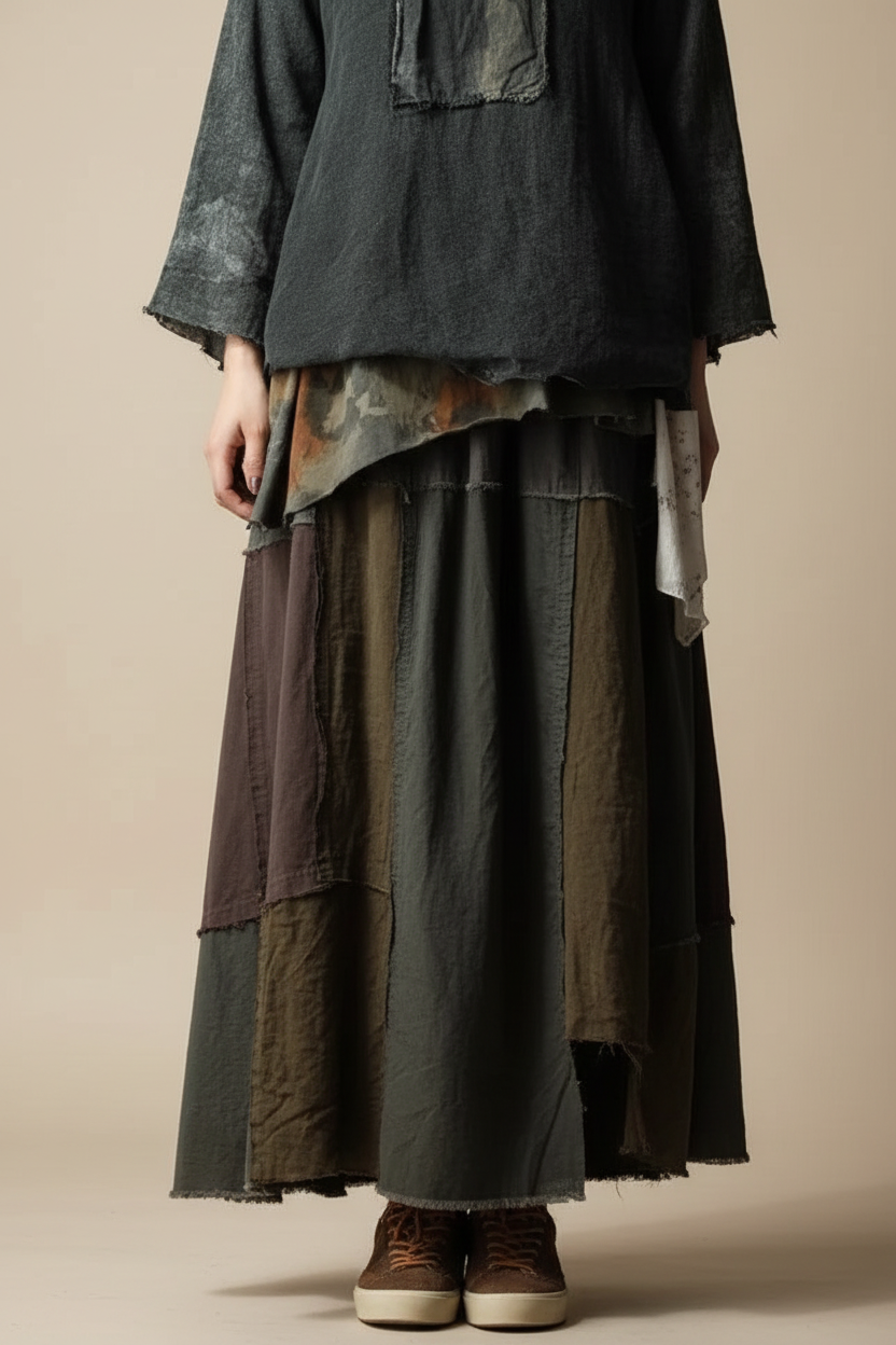 A person wearing a wide-brimmed straw hat, a dark washed short-sleeve top, and a patchwork skirt holds a camera in front of their face against a plain light gray studio background.