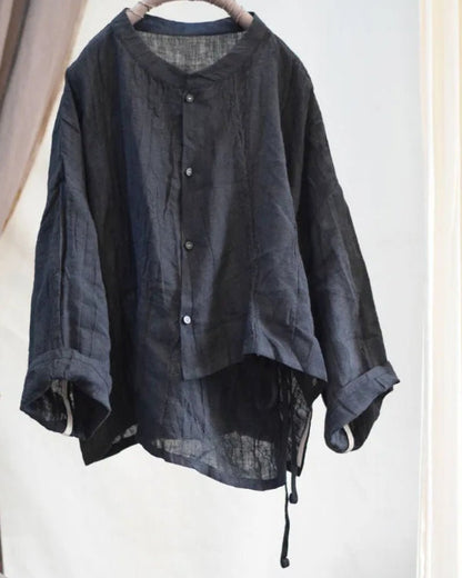 women_fashion - littlescollectionblouseLinen Flare Sleeve Shirt Women – Loose Fit Stand Collar Casual Toploose fit casual shirt