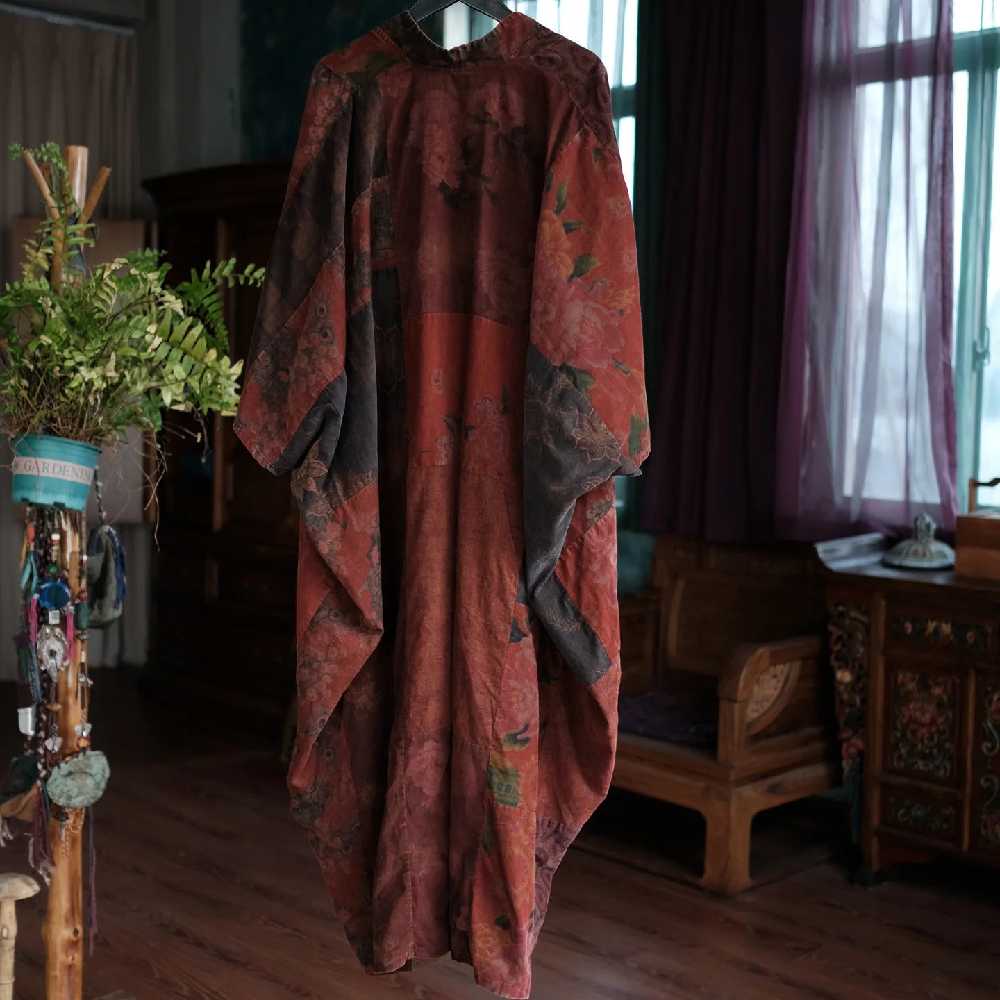 Vintage Patchwork Linen Dress Batwing Sleeve V-Neck Women
