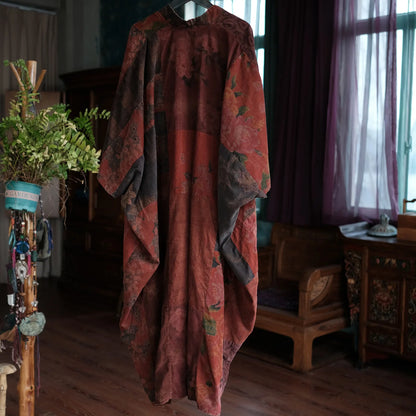 Vintage Patchwork Linen Dress Batwing Sleeve V-Neck Women