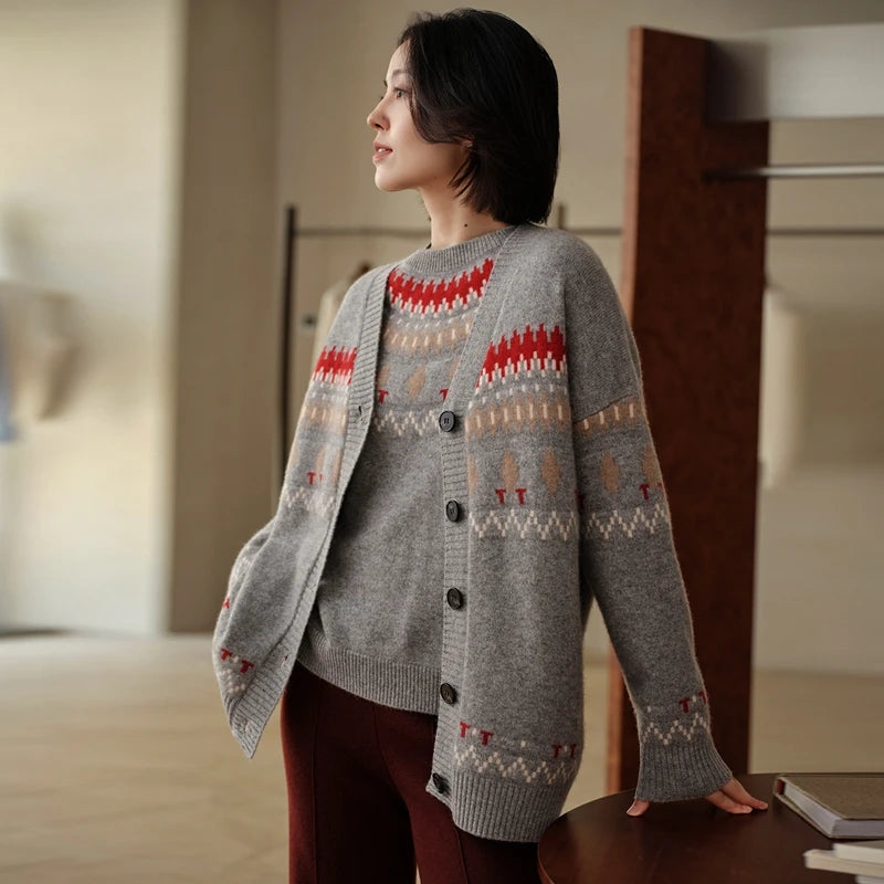 Cashmere V-Neck Fair Isle Cardigan Women
