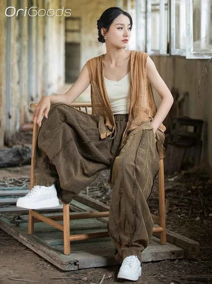 OGDS Women Oversized Baggy Ramie Cotton Novelty Pants