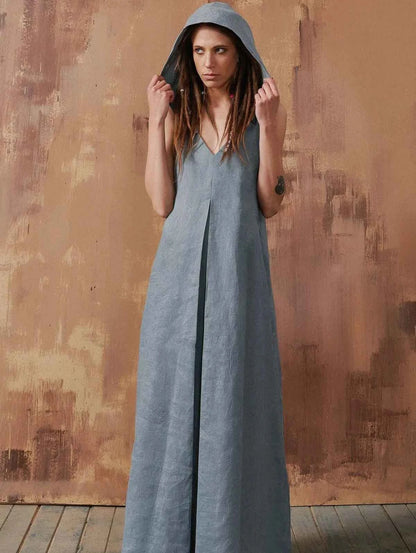 Vintage Linen Pleated Maxi Dress Hooded