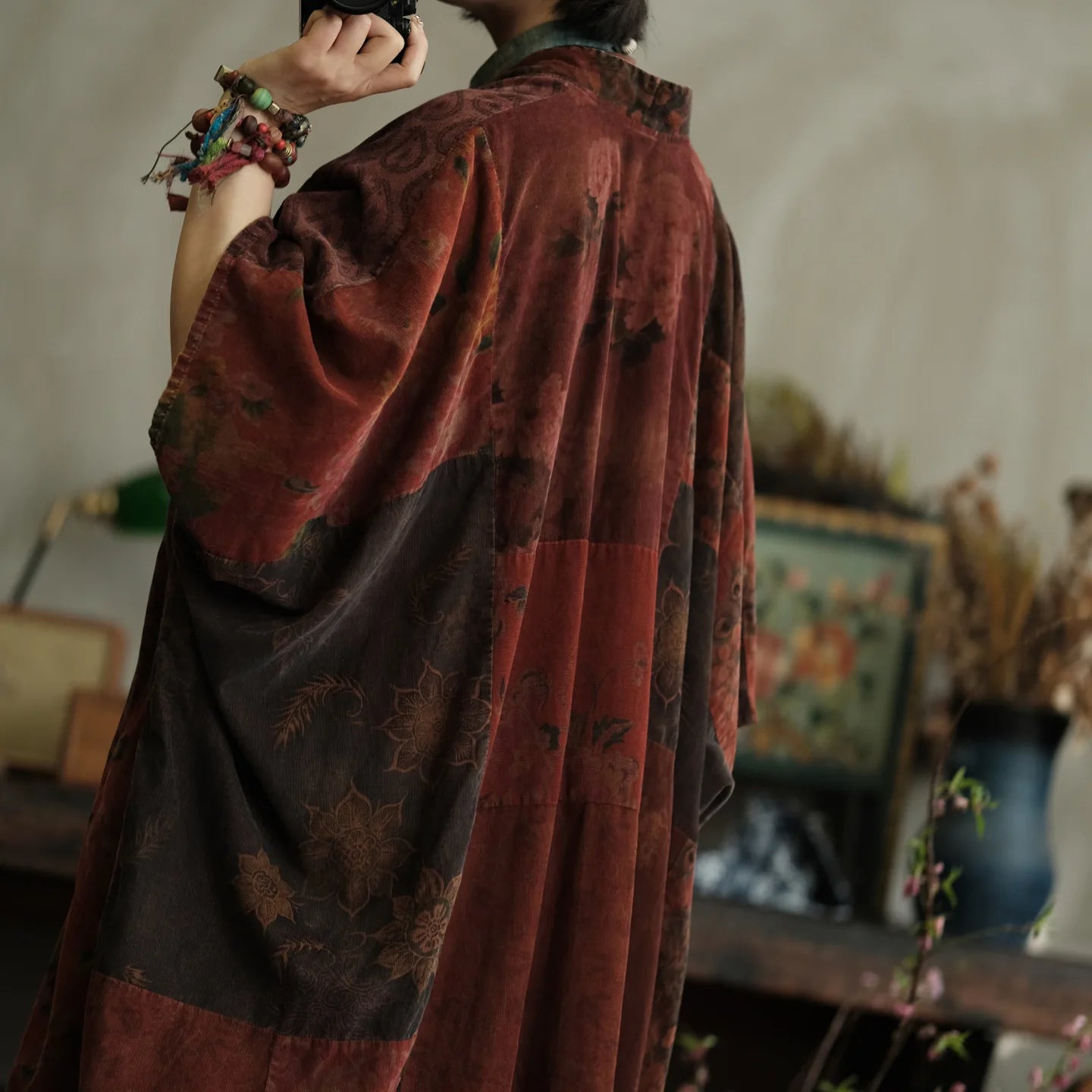 Vintage Patchwork Linen Dress Batwing Sleeve V-Neck Women
