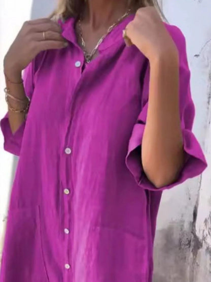Linen Cotton - Linen Button - Down Shirt Dress Patch Pockets Women button down dress