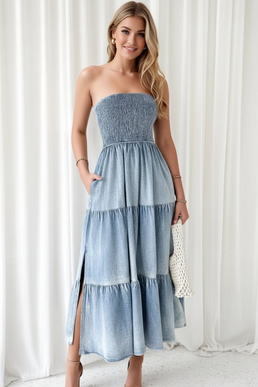 women_fashion - littlescollectionCotton dressSmocked Tube Slit Tiered Denim Dress Womencotton blend dress