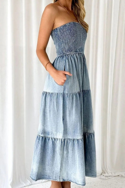 women_fashion - littlescollectionCotton dressSmocked Tube Slit Tiered Denim Dress Womencotton blend dress