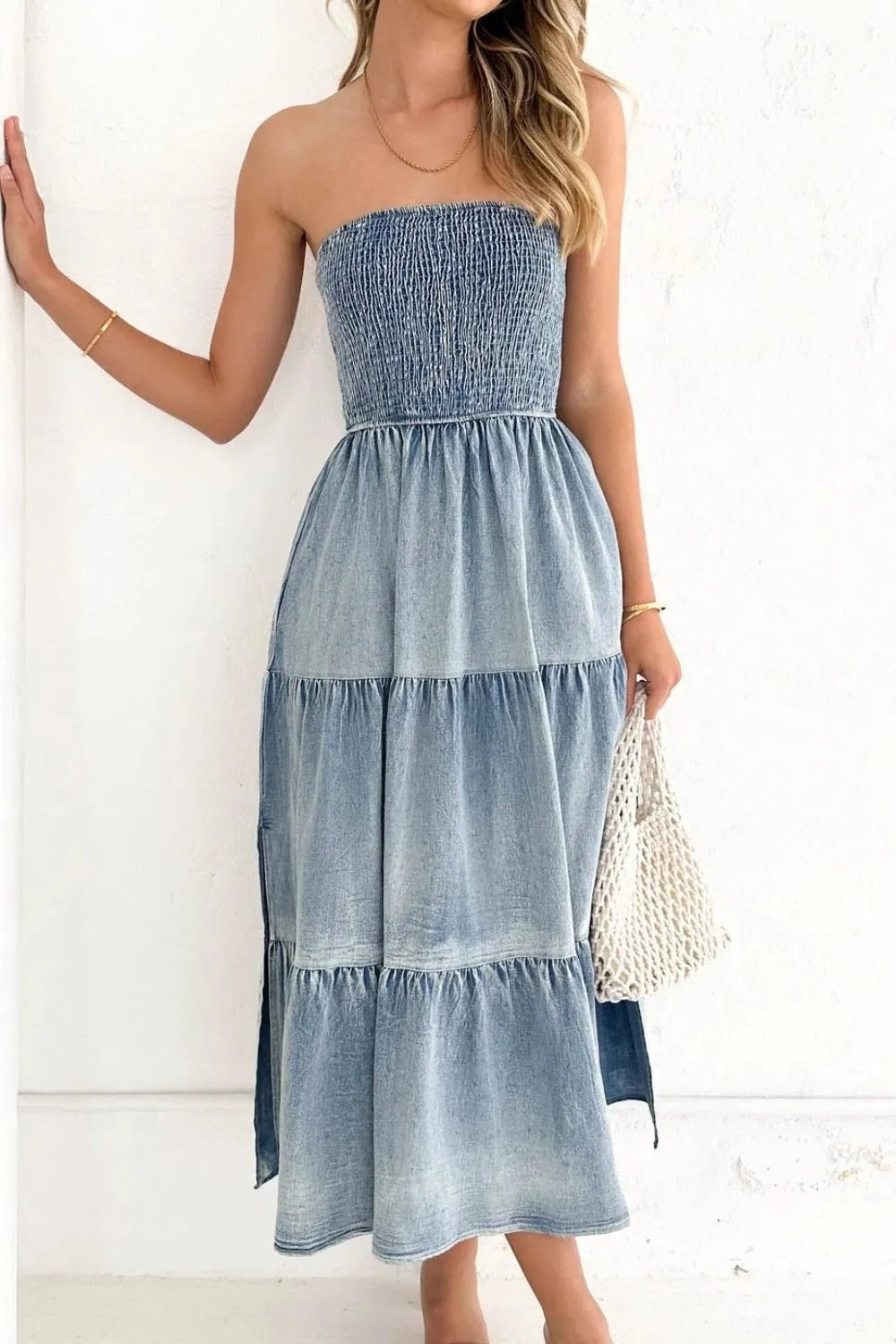 women_fashion - littlescollectionCotton dressSmocked Tube Slit Tiered Denim Dress Womencotton blend dress