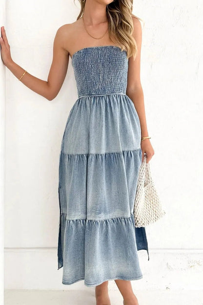women_fashion - littlescollectionCotton dressSmocked Tube Slit Tiered Denim Dress Womencotton blend dress